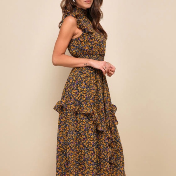 Evalina Mustard Yellow Floral Print Mock Neck Midi Dress - Picture 2 of 7